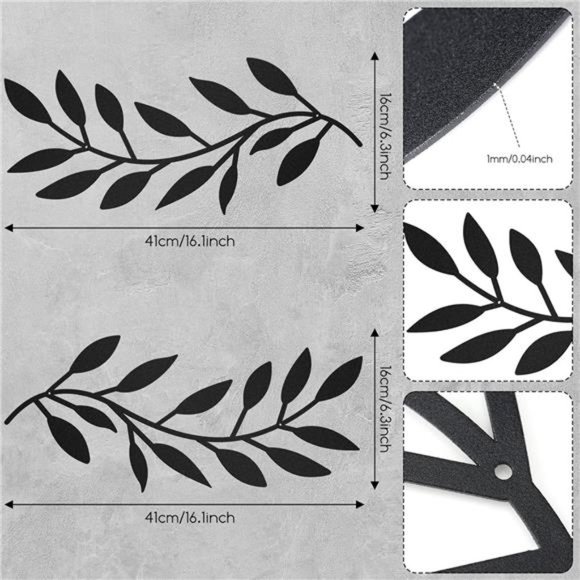2 Pieces Metal Tree Leaf Wall Decor Vine Olive Branch Leaf Wall Art (Black) - Picture 4 of 6